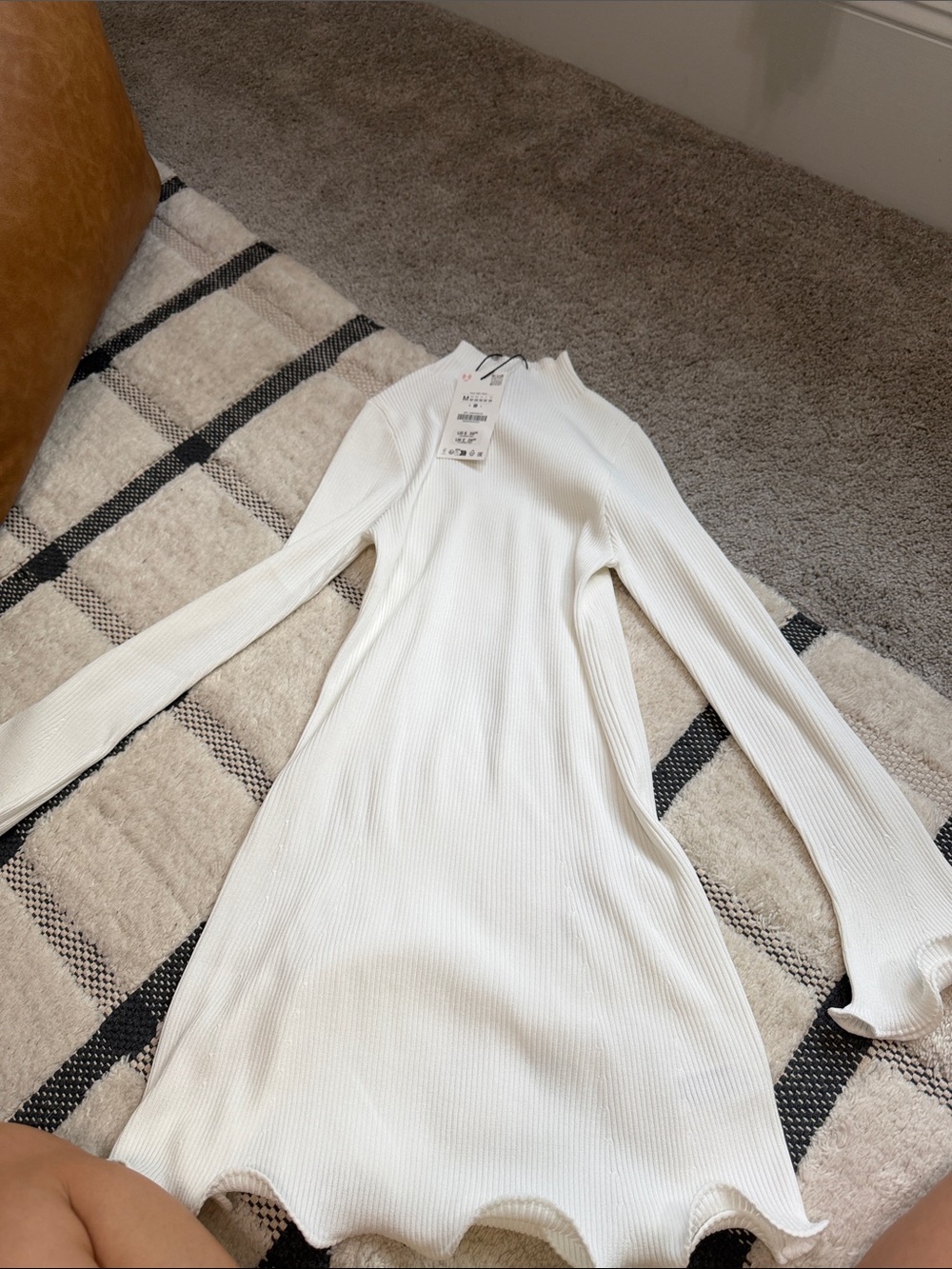 Zara White Ribbed Long-Sleeve Fit & Flare Dress